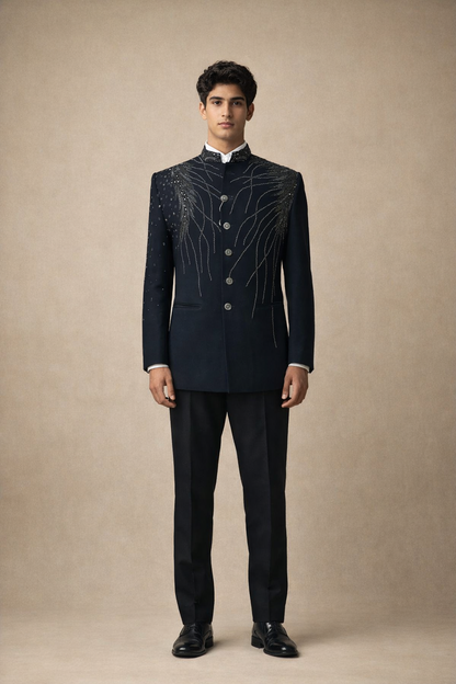 Jet Black Feather Embroidered Indo-Western Bandhgala