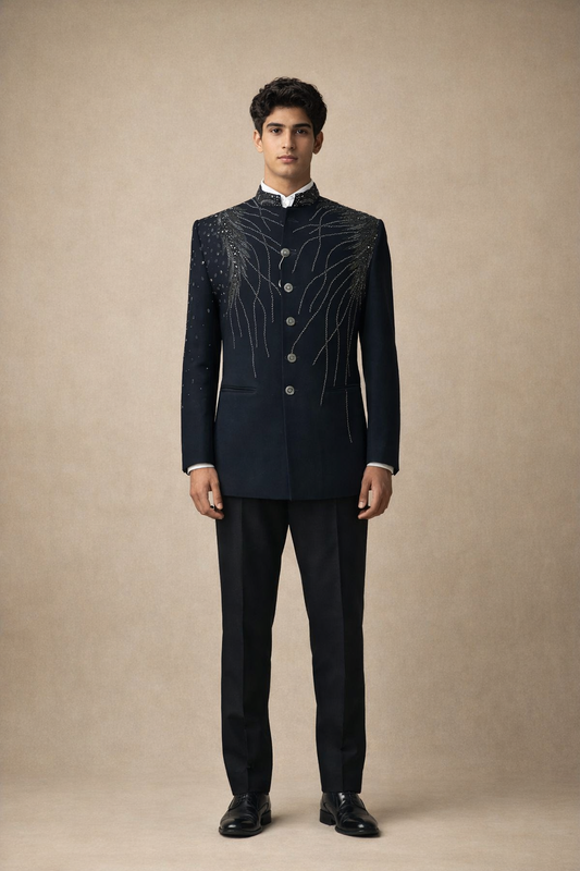 Jet Black Feather Embroidered Indo-Western Bandhgala