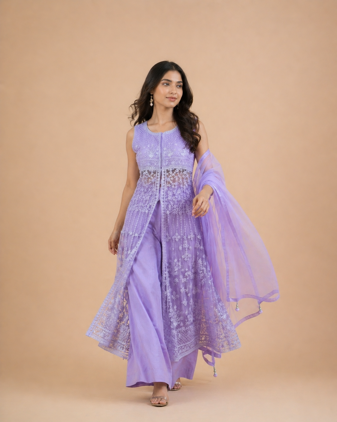 Lavender Embroidered Anarkali Kurti Set with Organza Dupatta and Palazzo