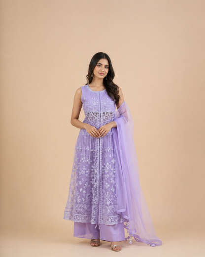 Lavender Embroidered Anarkali Kurti Set with Organza Dupatta and Palazzo