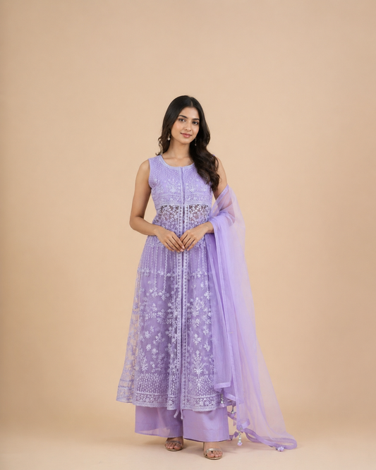 Lavender Embroidered Anarkali Kurti Set with Organza Dupatta and Palazzo