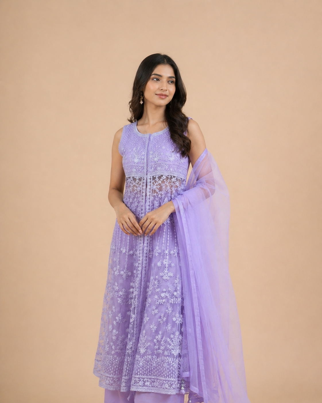 Lavender Embroidered Anarkali Kurti Set with Organza Dupatta and Palazzo
