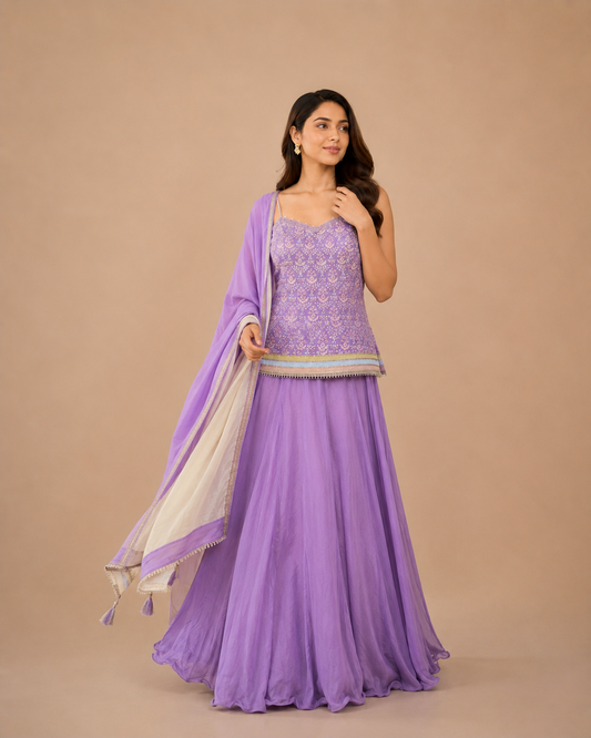 Lavender Embroidered Indo Western Lehenga Set