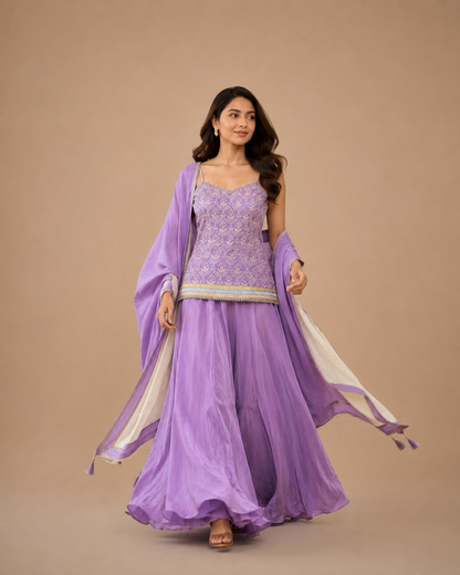 Lavender Embroidered Indo Western Lehenga Set