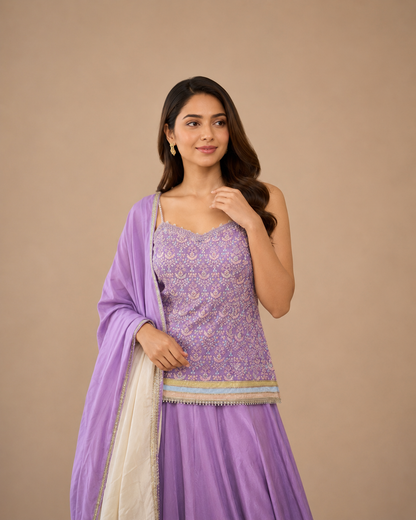 Lavender Embroidered Indo Western Lehenga Set