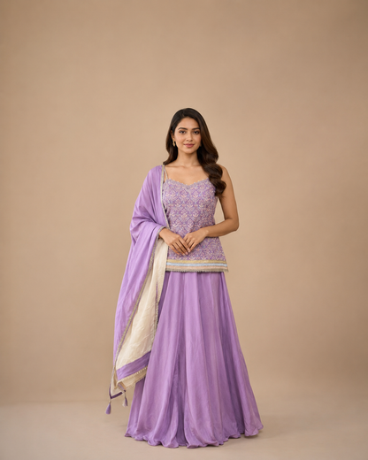 Lavender Embroidered Indo Western Lehenga Set