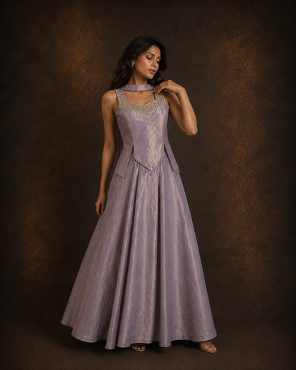 Lavender Embroidered Indo Western Palazzo Set with Hand Embellished Peplum Top and Choker