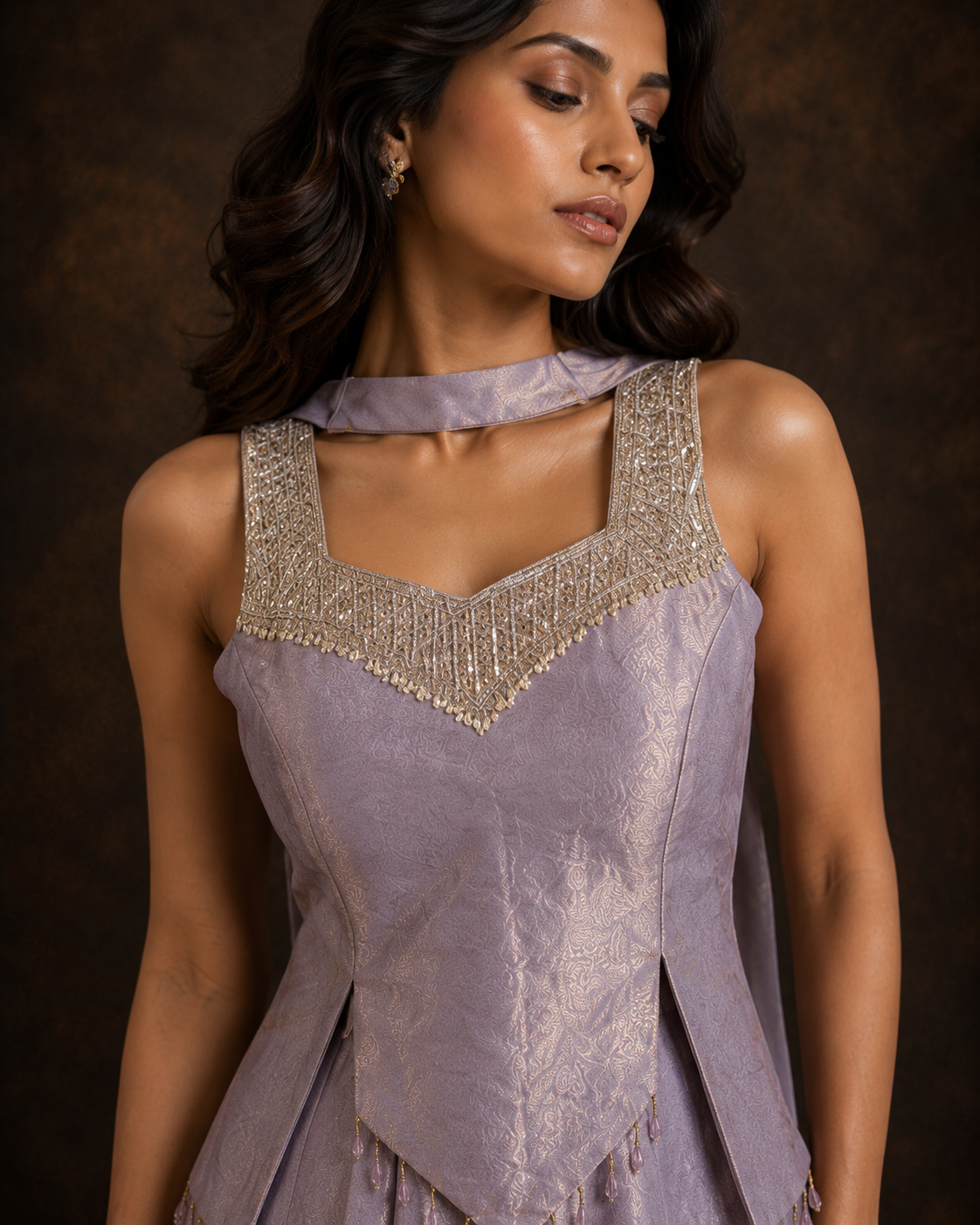 Lavender Embroidered Indo Western Palazzo Set with Hand Embellished Peplum Top and Choker