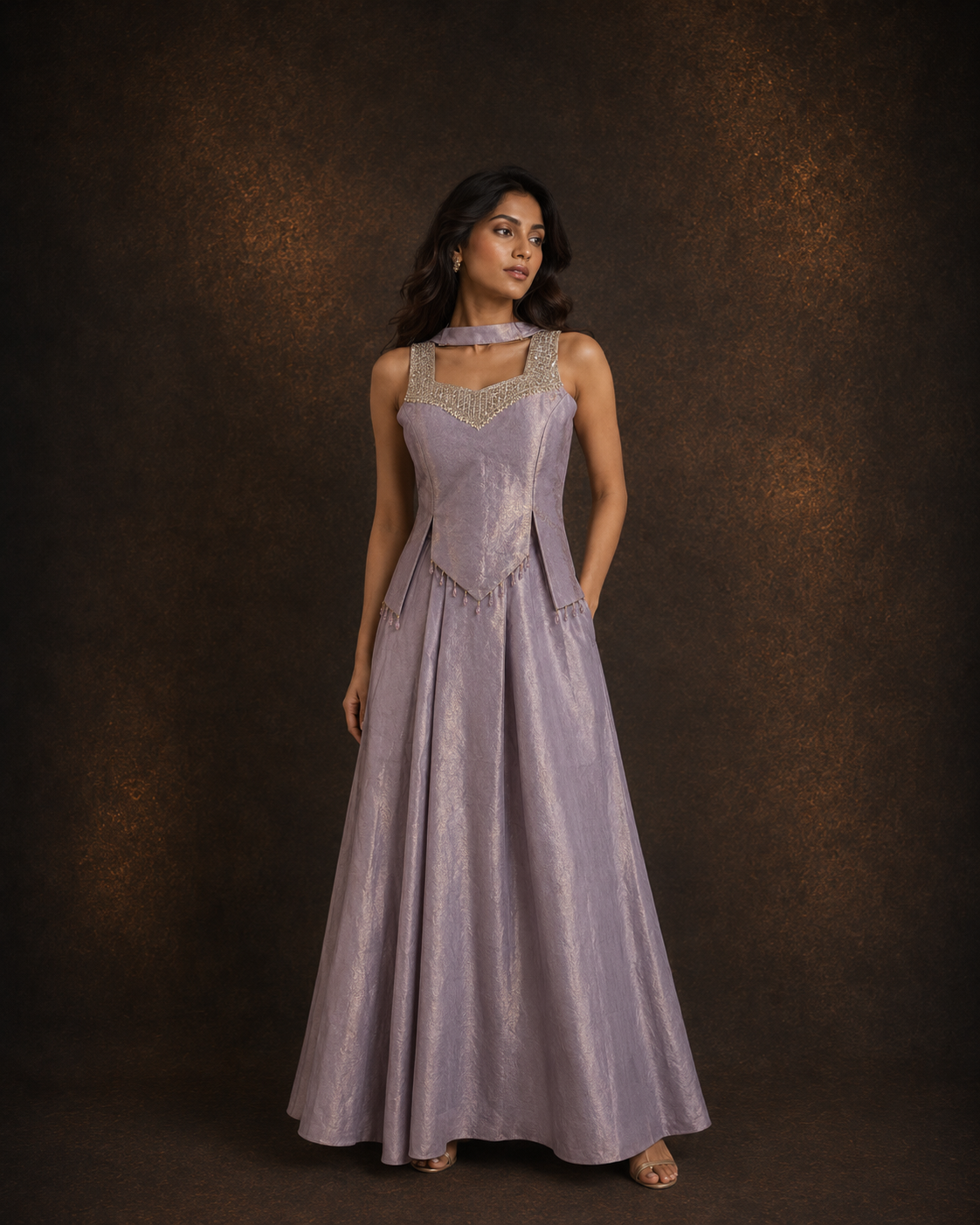 Lavender Embroidered Indo Western Palazzo Set with Hand Embellished Peplum Top and Choker