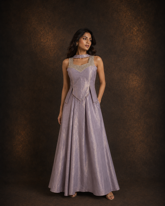 Lavender Embroidered Indo Western Palazzo Set with Hand Embellished Peplum Top and Choker