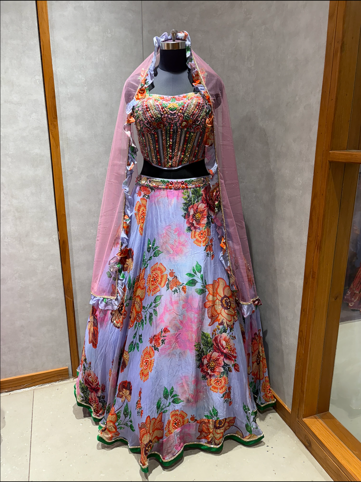 Lavender Floral Print Lehenga with Multicolor Embroidered Blouse and Pink Dupatta