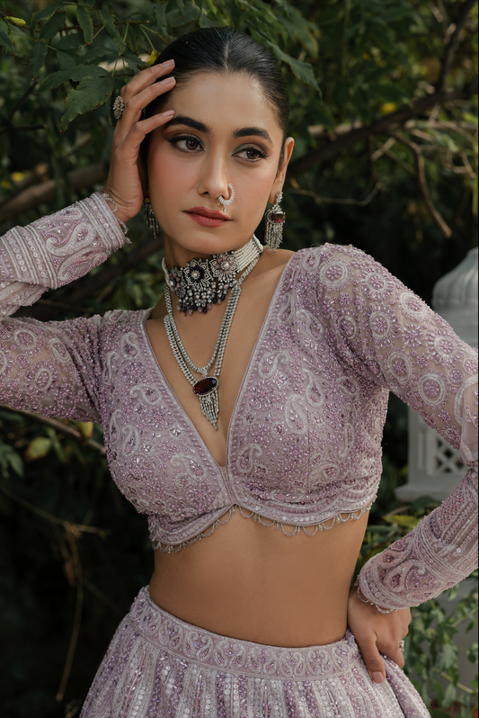 Lavender Net Designer Lehenga with Resham & Pearl Embroidery