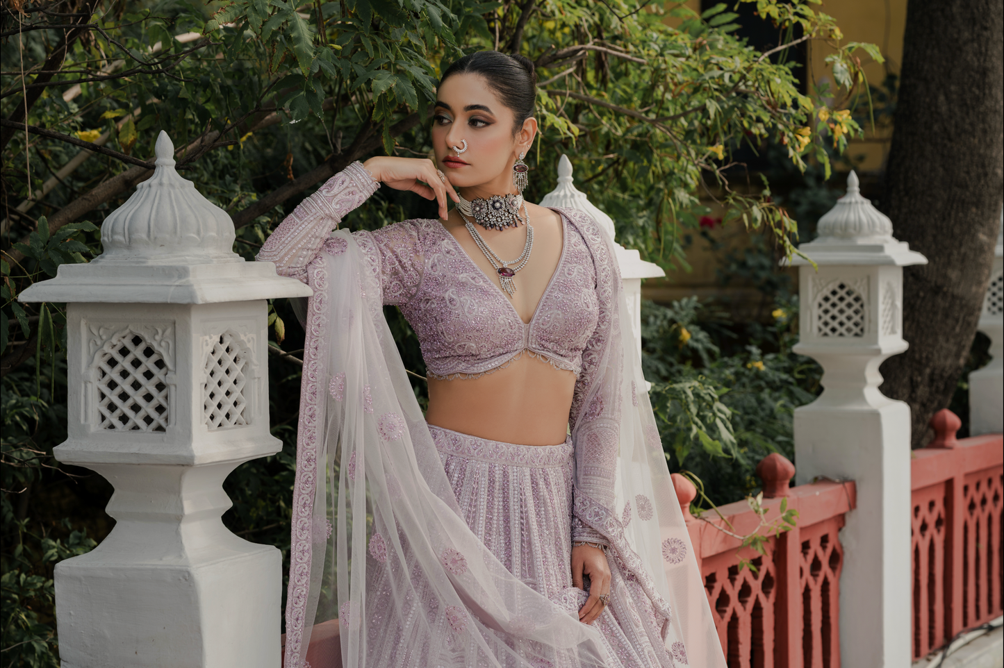 Lavender Net Designer Lehenga with Resham & Pearl Embroidery