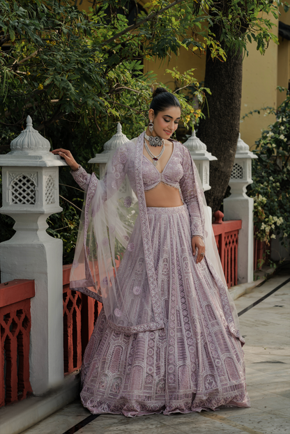 Lavender Net Designer Lehenga with Resham & Pearl Embroidery