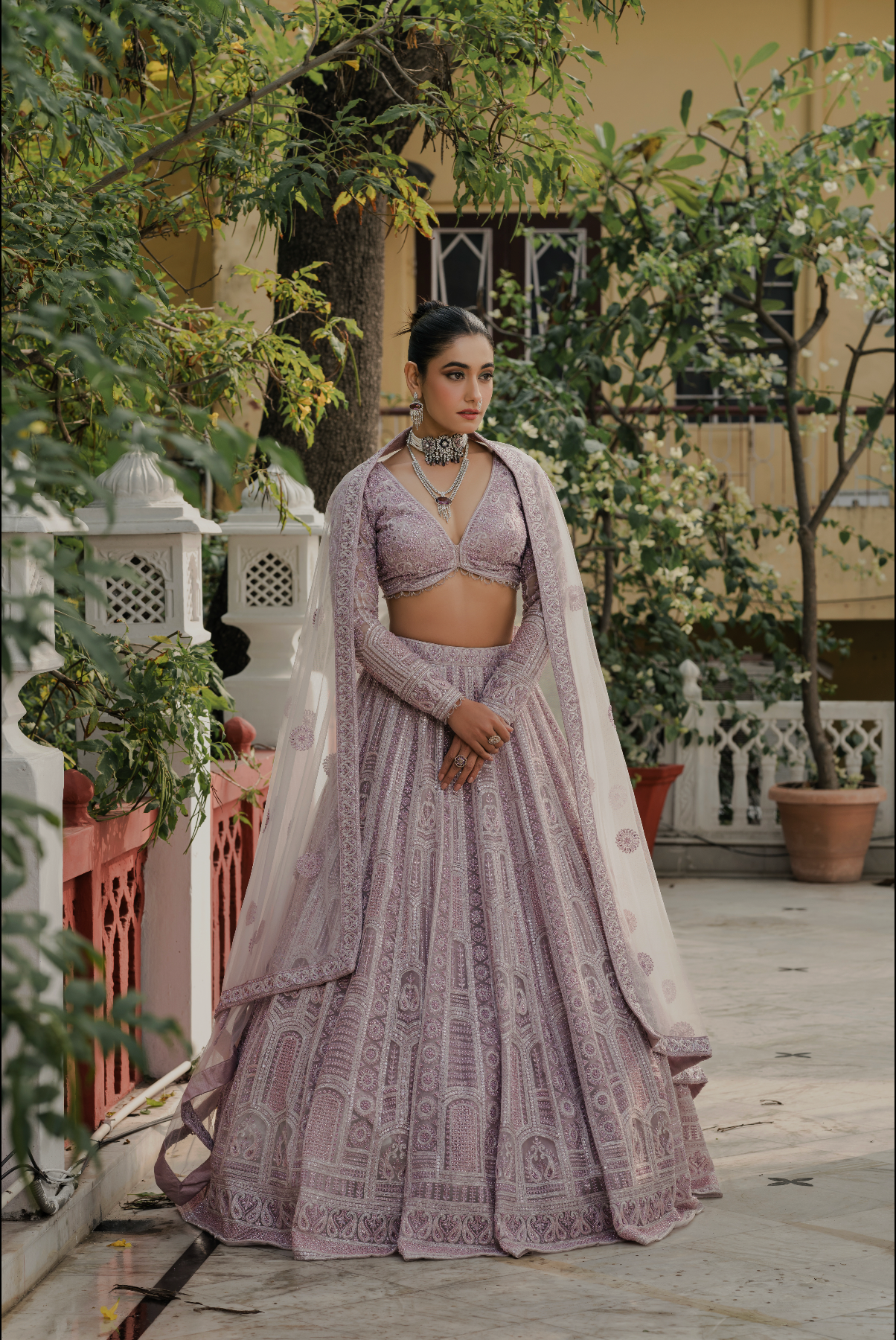 Lavender Net Designer Lehenga with Resham & Pearl Embroidery