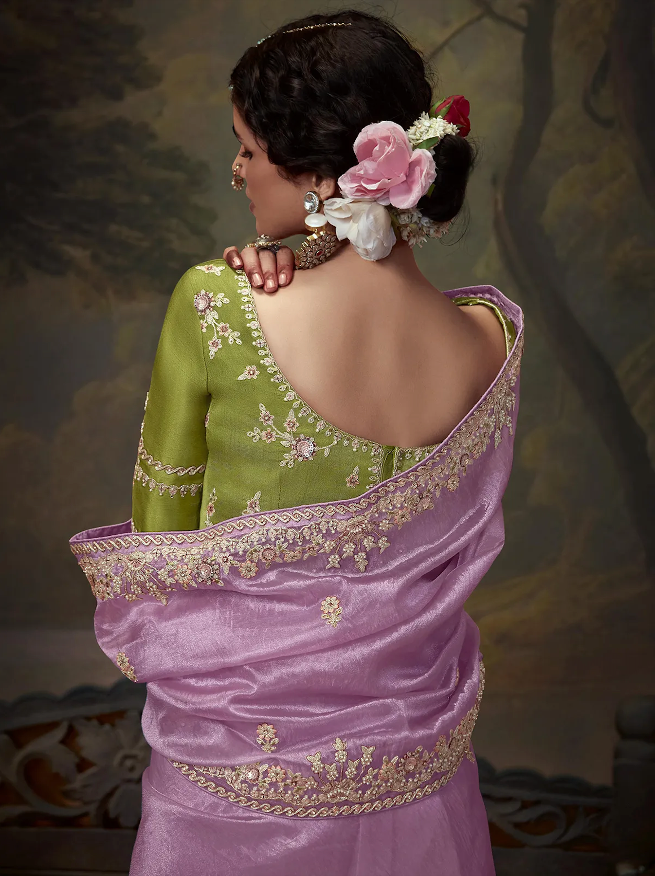Lavender Organza Saree In Embroidery