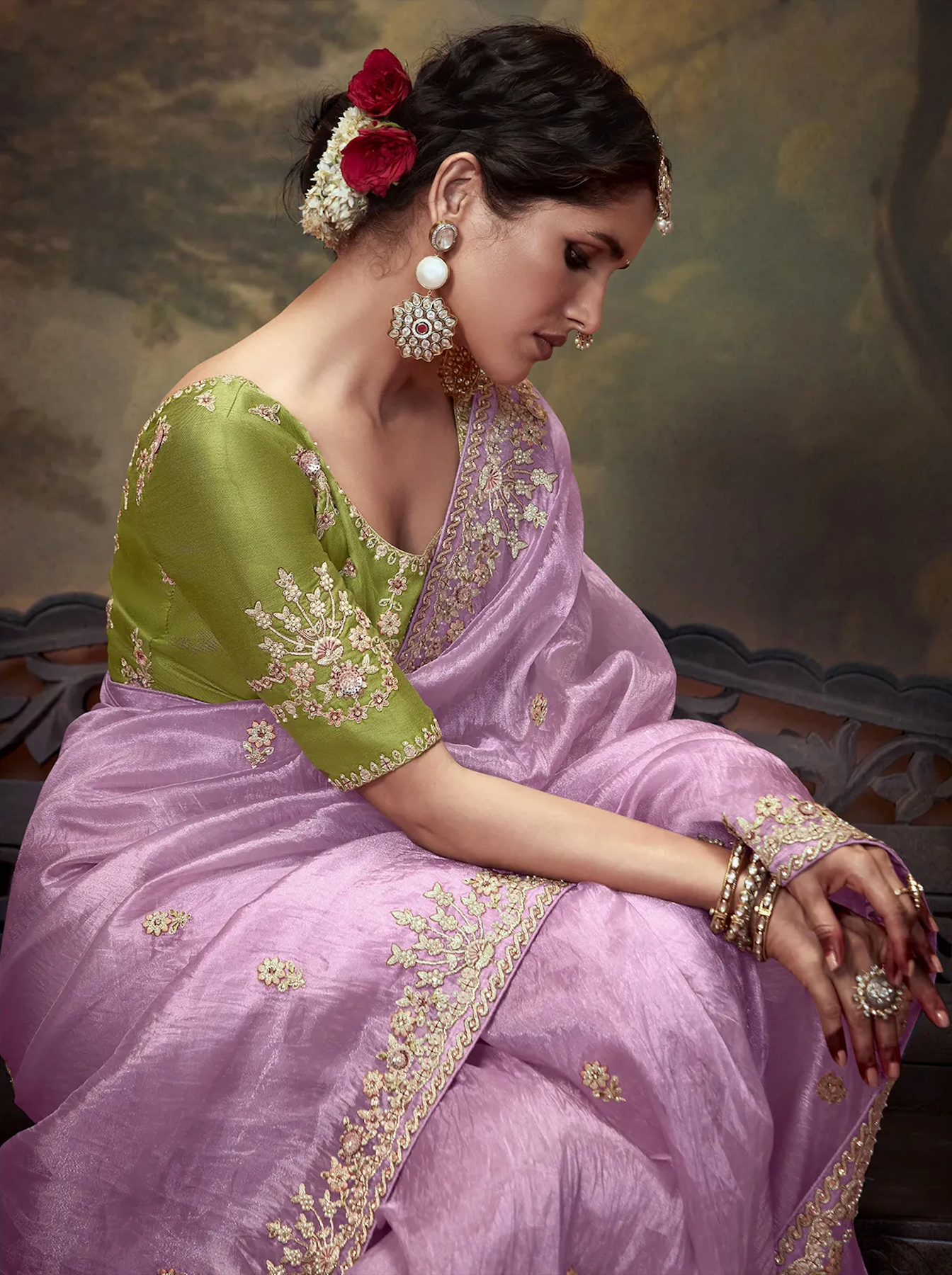 Lavender Organza Saree In Embroidery