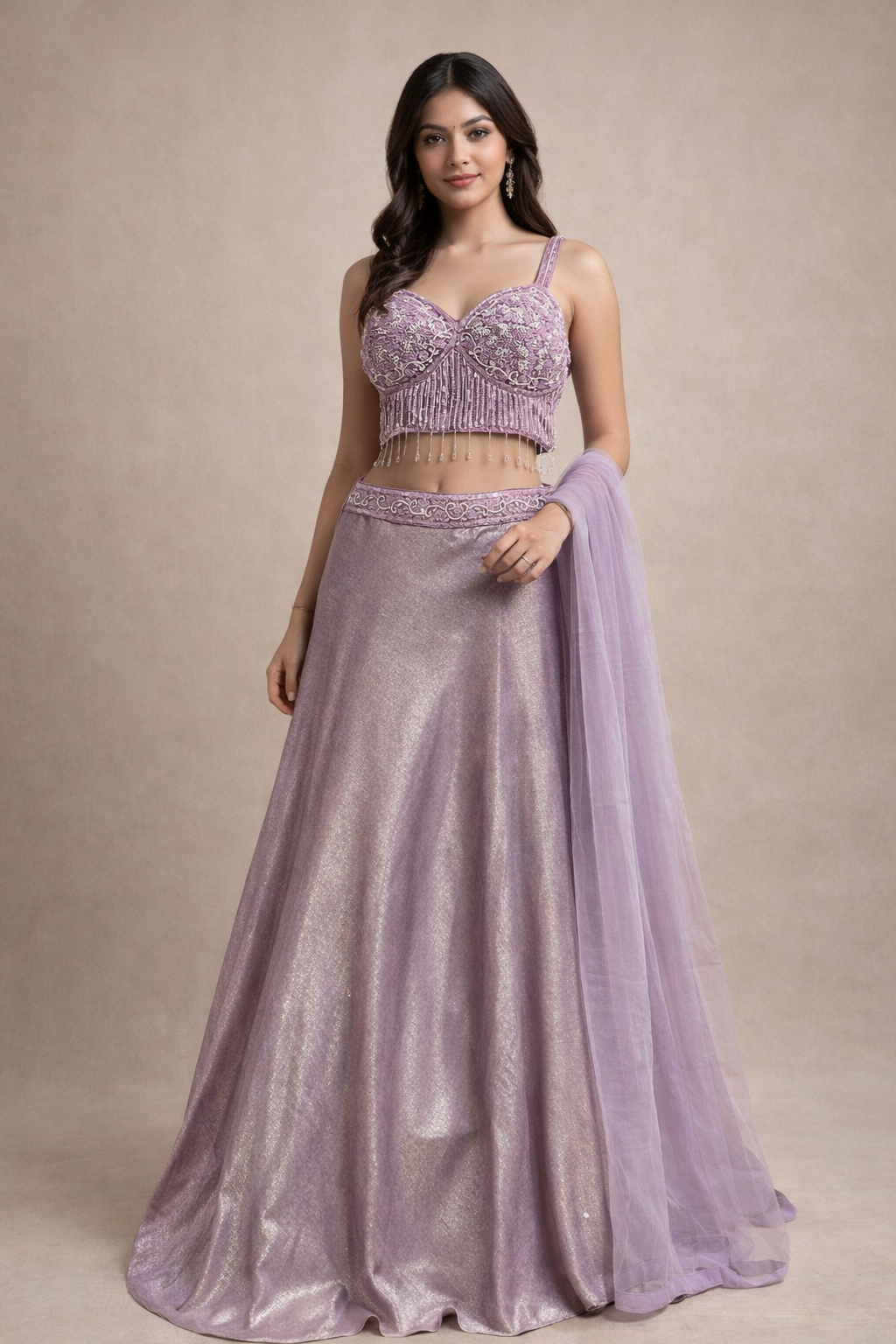 Lavender Shimmer Embroidered Designer Lehenga Choli with Beaded Blouse & Dupatta