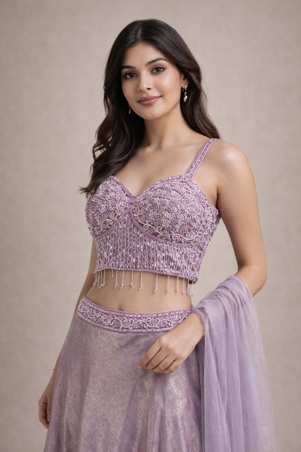 Lavender Shimmer Embroidered Designer Lehenga Choli with Beaded Blouse & Dupatta
