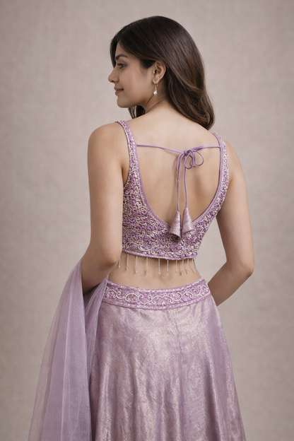 Lavender Shimmer Embroidered Designer Lehenga Choli with Beaded Blouse & Dupatta