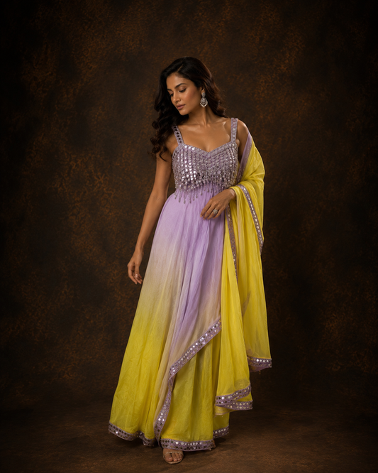 Lavender Yellow Ombre Designer Anarkali Suit with Mirror Work Dupatta