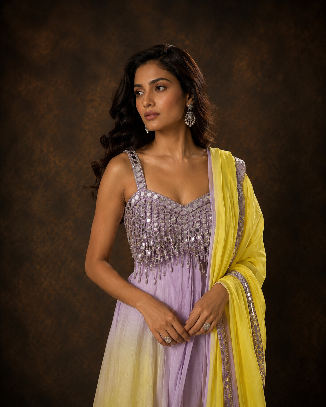 Lavender Yellow Ombre Designer Anarkali Suit with Mirror Work Dupatta