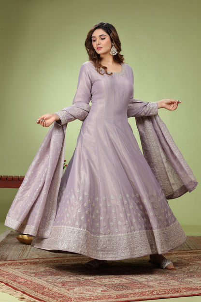 Lavender Purple Art Silk Dori Embroidered Anarkali Suit
