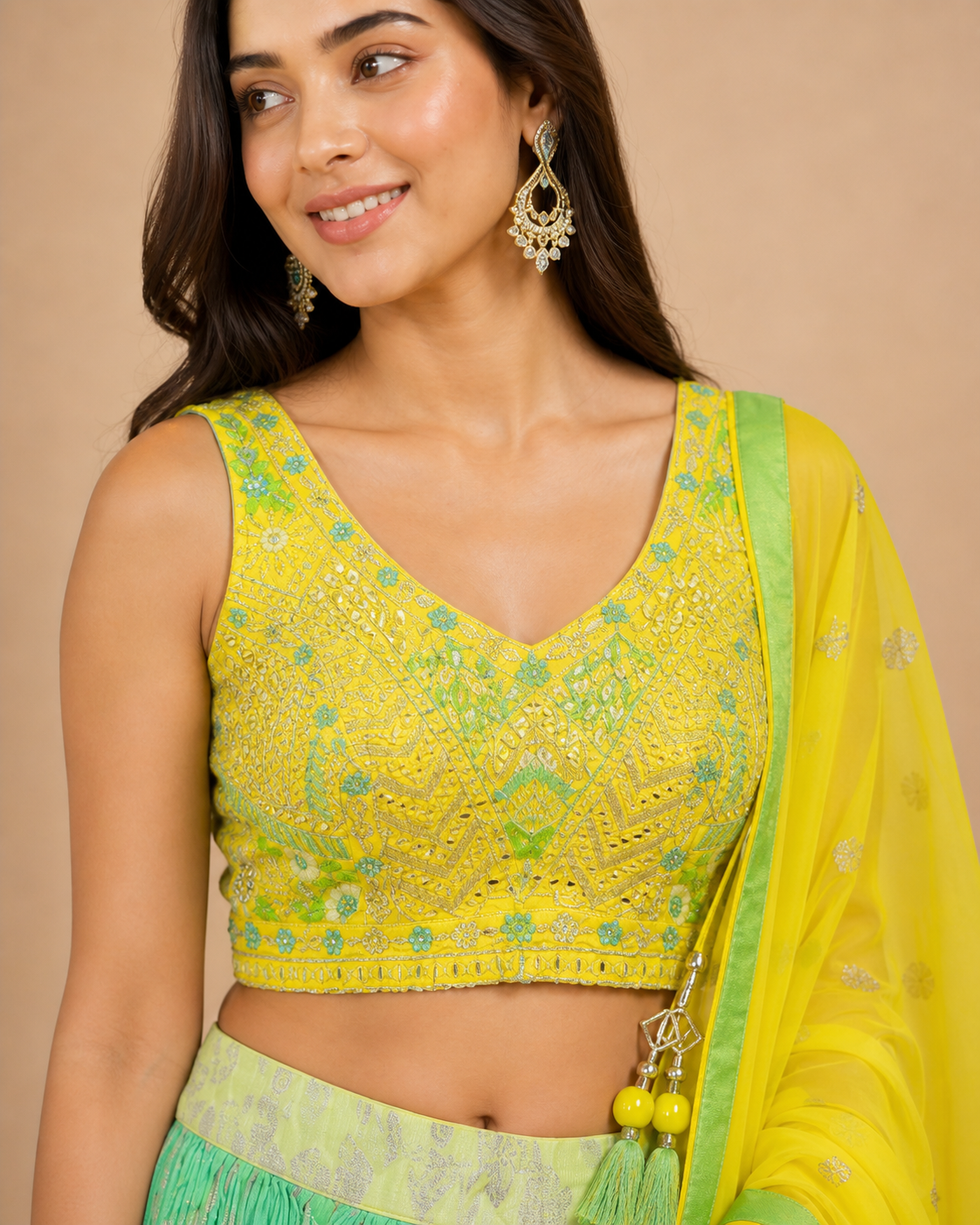 Lemon Yellow and Mint Green Ombre Lehenga Choli with Heavy Threadwork & Sequin Embroidered