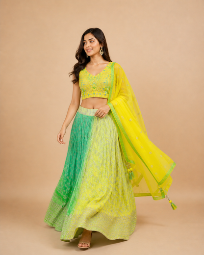 Lemon Yellow and Mint Green Ombre Lehenga Choli with Heavy Threadwork & Sequin Embroidered