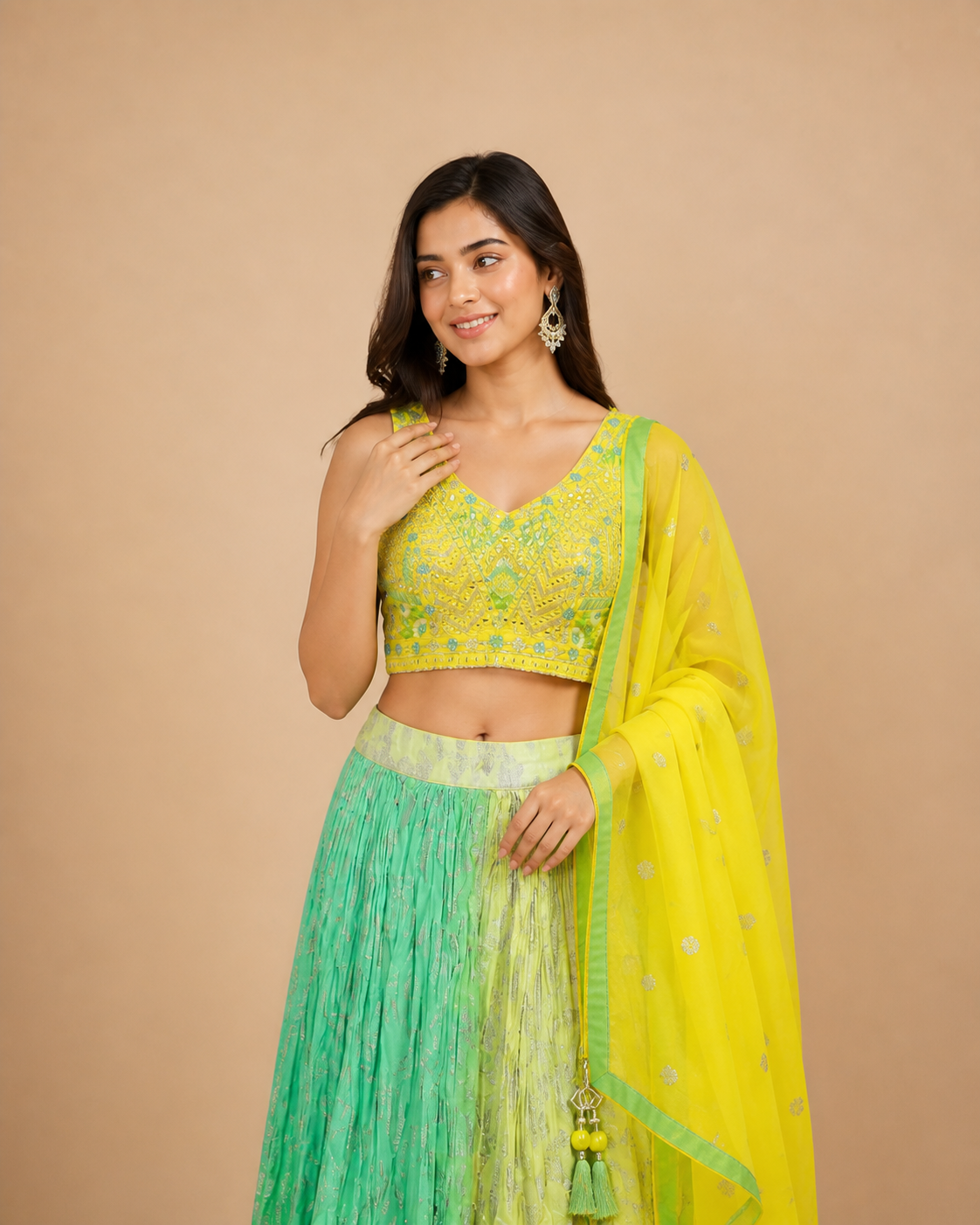 Lemon Yellow and Mint Green Ombre Lehenga Choli with Heavy Threadwork & Sequin Embroidered