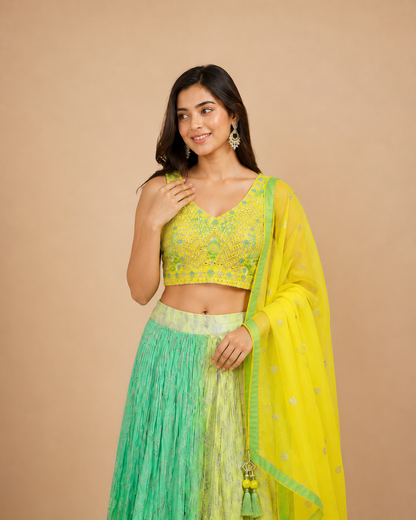 Lemon Yellow and Mint Green Ombre Lehenga Choli with Heavy Threadwork & Sequin Embroidered