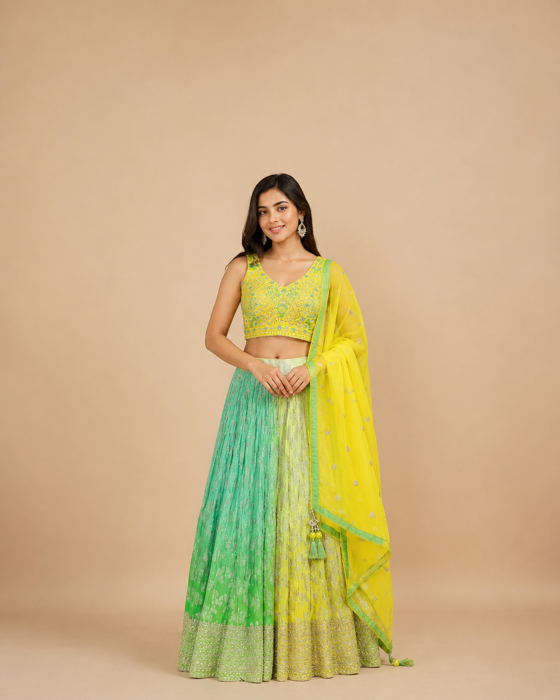 Lemon Yellow and Mint Green Ombre Lehenga Choli with Heavy Threadwork & Sequin Embroidered