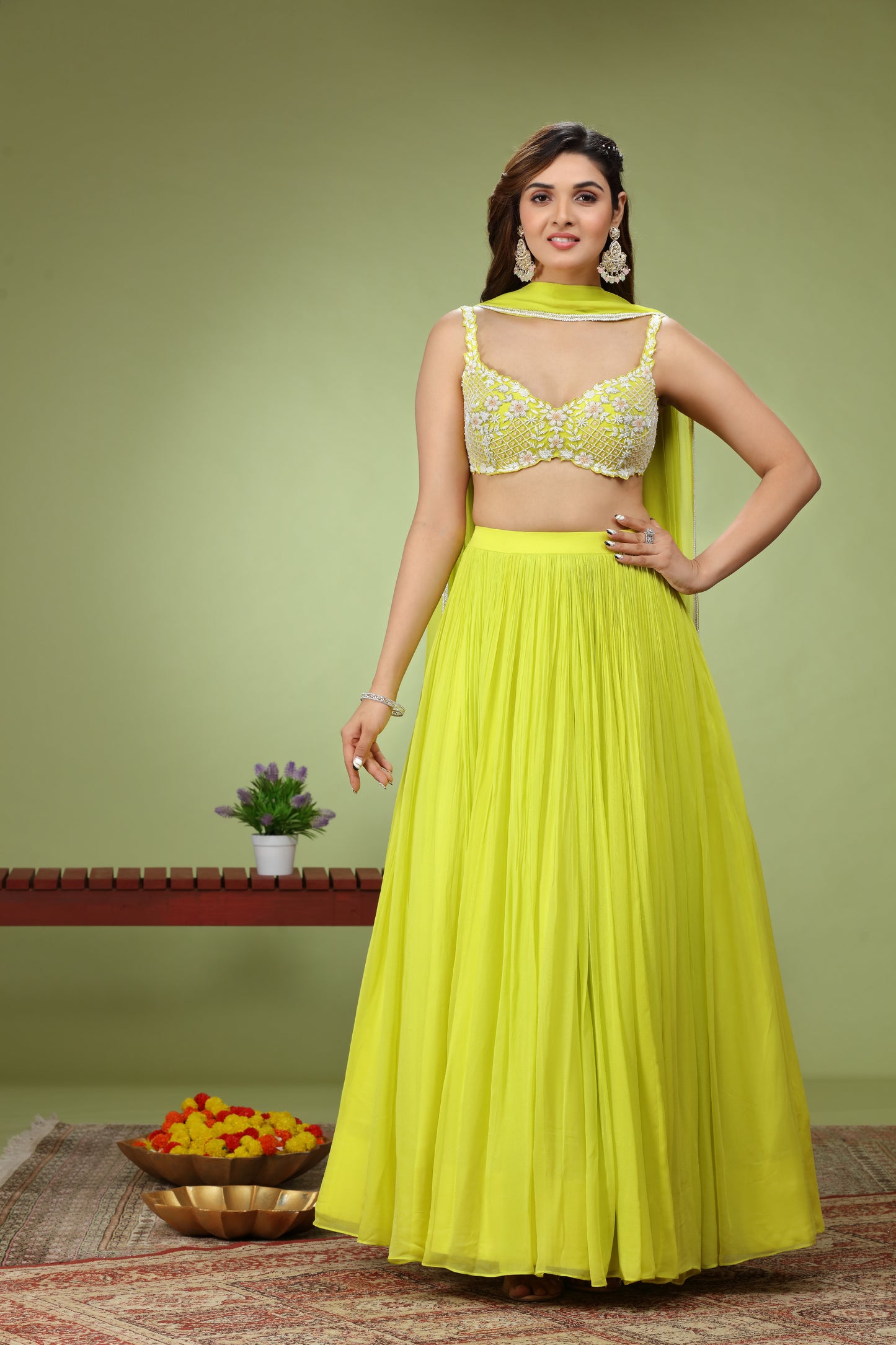 Lemon Yellow Lehenga Set With Floral Pearl Hand Embroidered Blouse