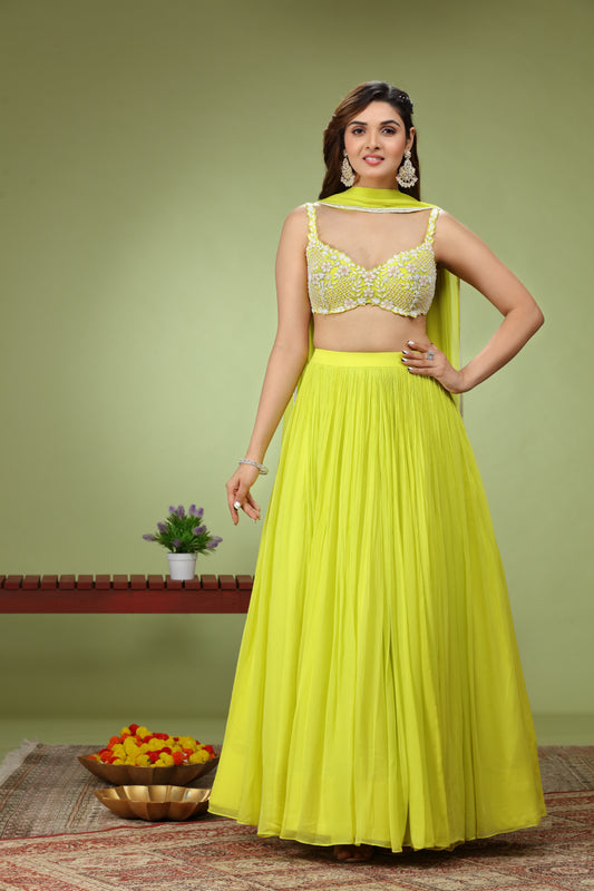 Lemon Yellow Lehenga Set With Floral Pearl Hand Embroidered Blouse