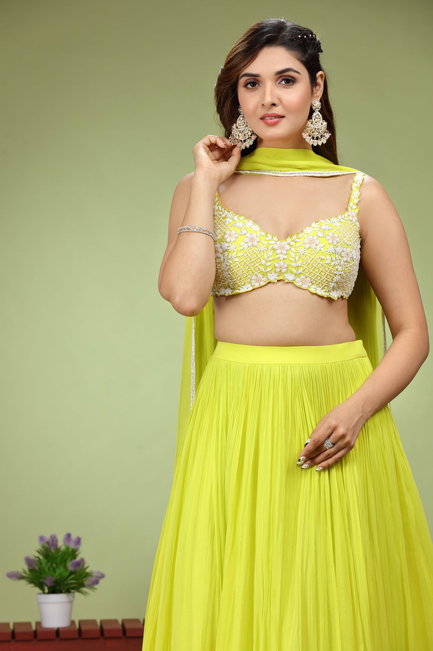 Lemon Yellow Lehenga Set With Floral Pearl Hand Embroidered Blouse