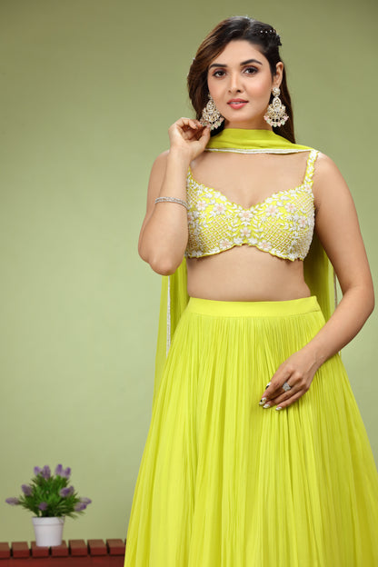 Lemon Yellow Lehenga Set With Floral Pearl Hand Embroidered Blouse