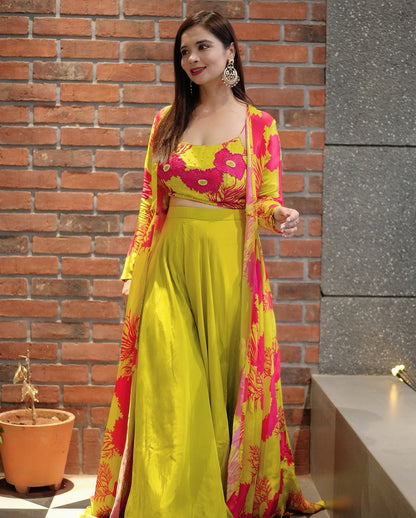 Lemon Yellow & Pink Flower Printed Palazzo Set