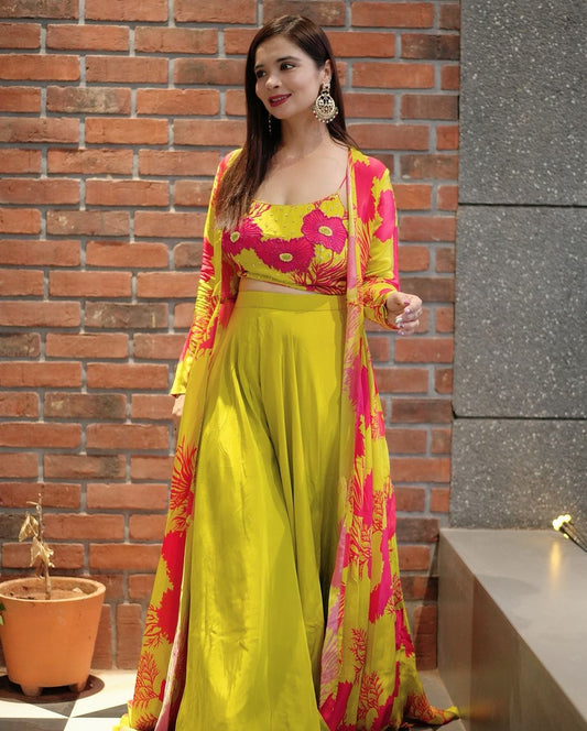 Lemon Yellow & Pink Flower Printed Palazzo Set