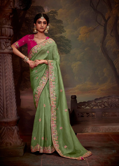 Light Green Embroidered Organza Saree Set
