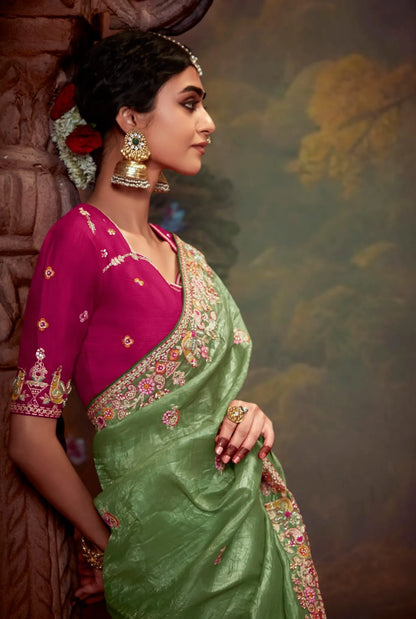 Light Green Embroidered Organza Saree Set