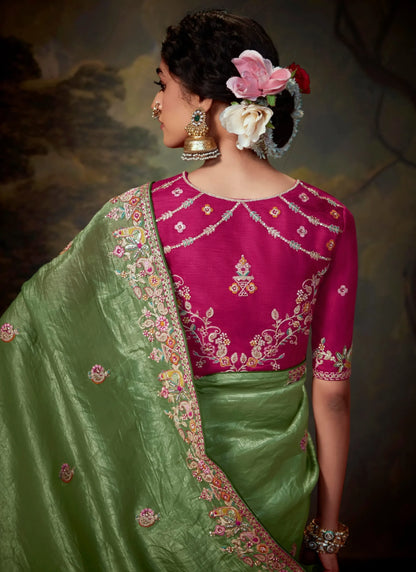Light Green Embroidered Organza Saree Set
