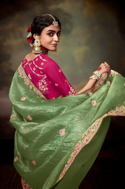 Light Green Embroidered Organza Saree Set