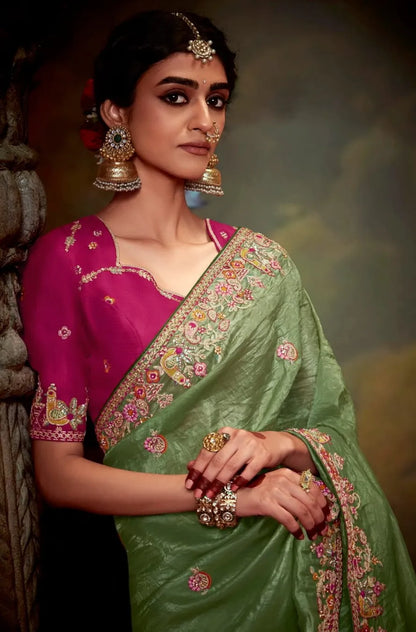 Light Green Embroidered Organza Saree Set