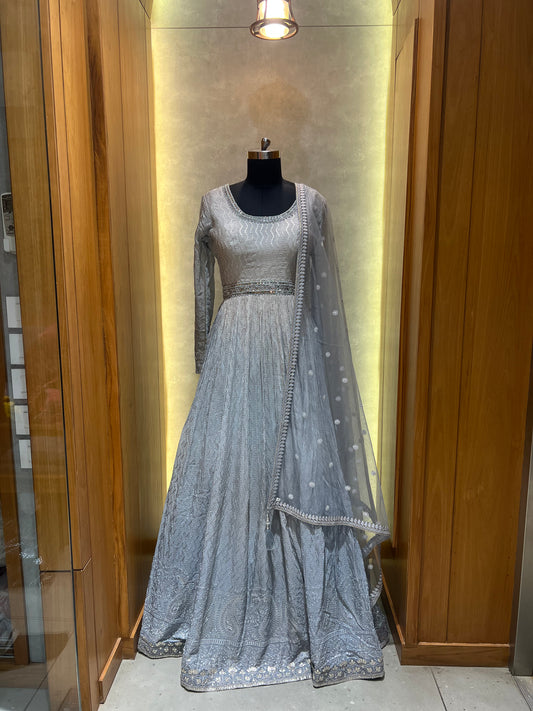 Light Grey embroider Anarkali suit