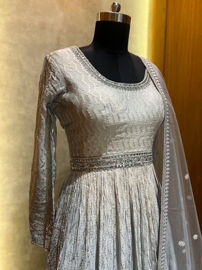 Light Grey embroider Anarkali suit