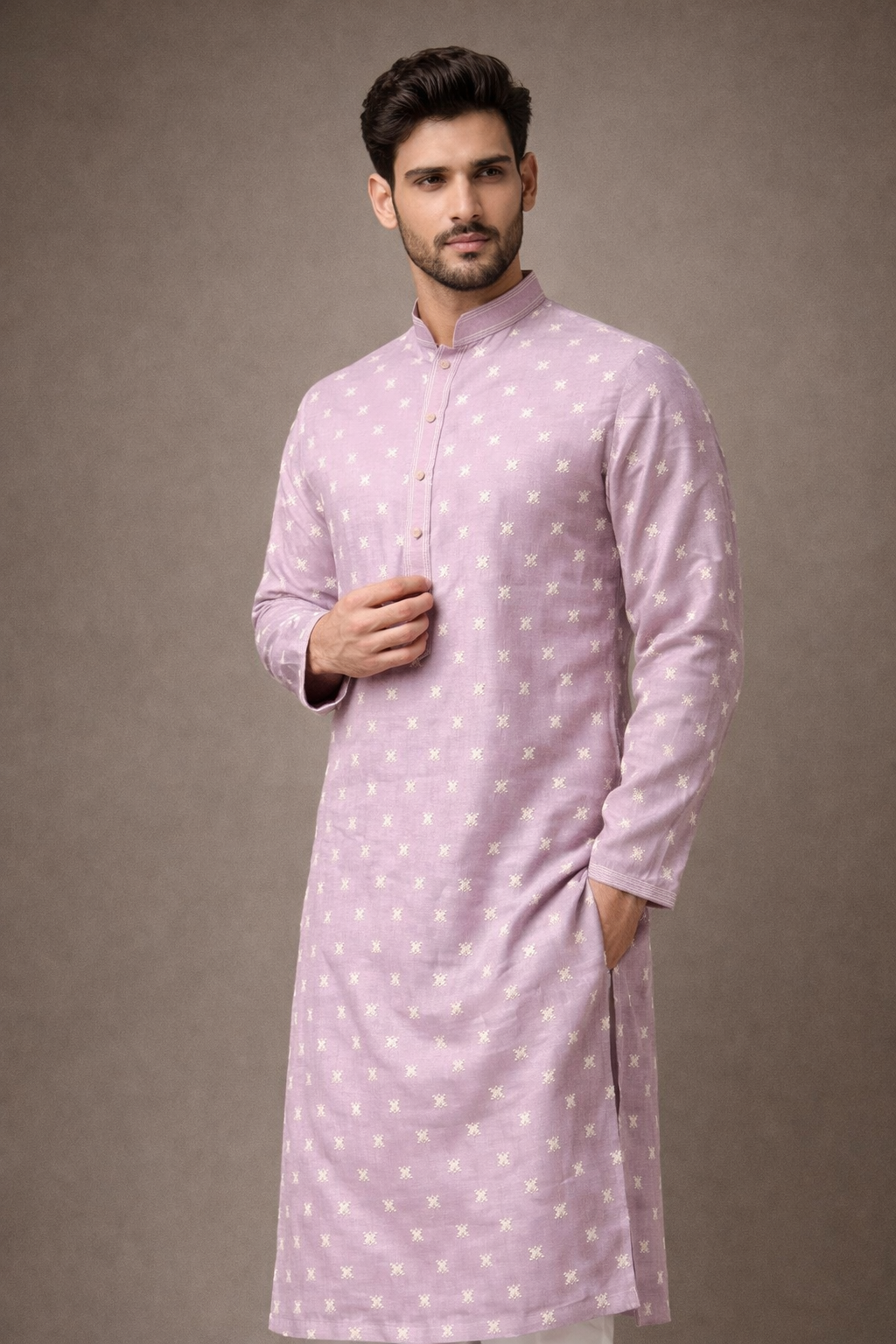 Light Lavender Pink Embroidered Men’s Kurta with White Straight Fit Pants