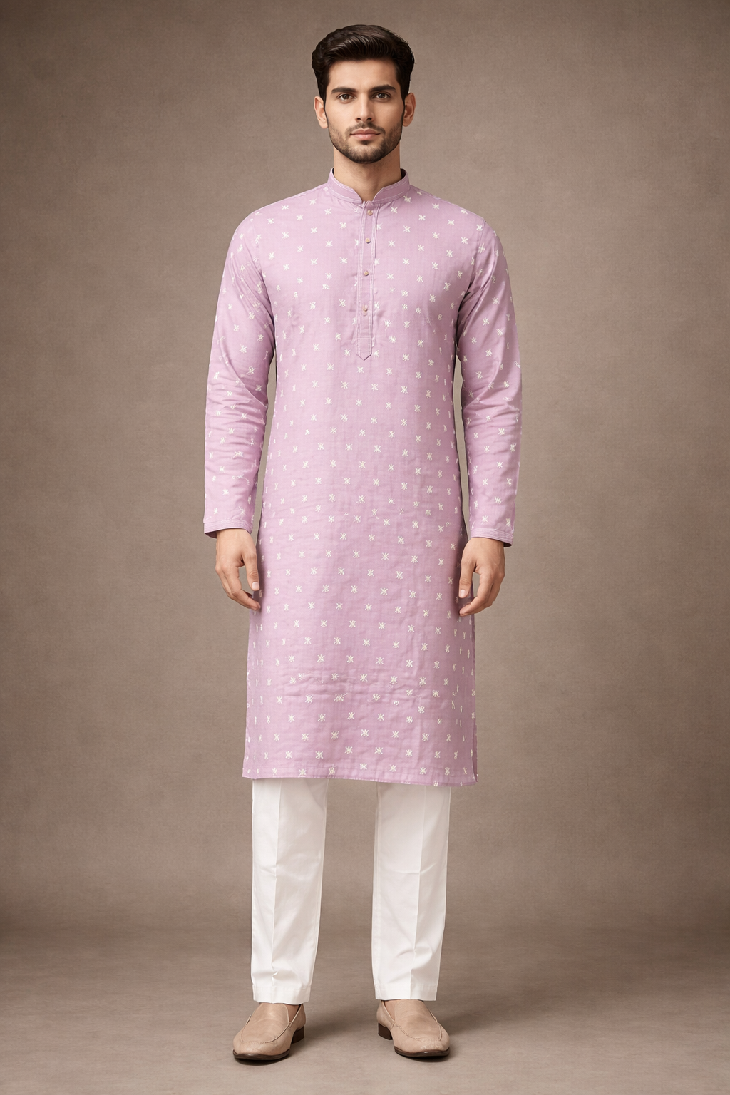 Light Lavender Pink Embroidered Men’s Kurta with White Straight Fit Pants