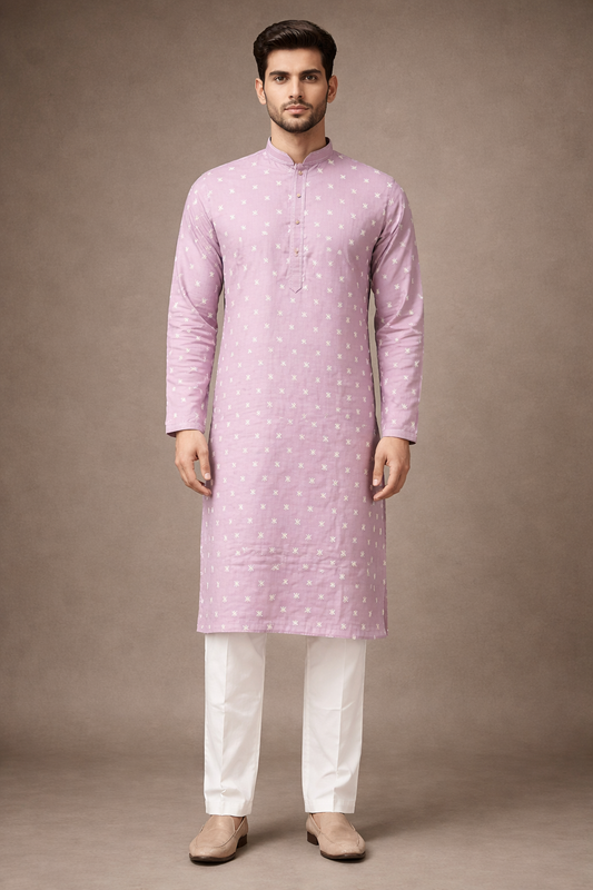 Light Lavender Pink Embroidered Men’s Kurta with White Straight Fit Pants