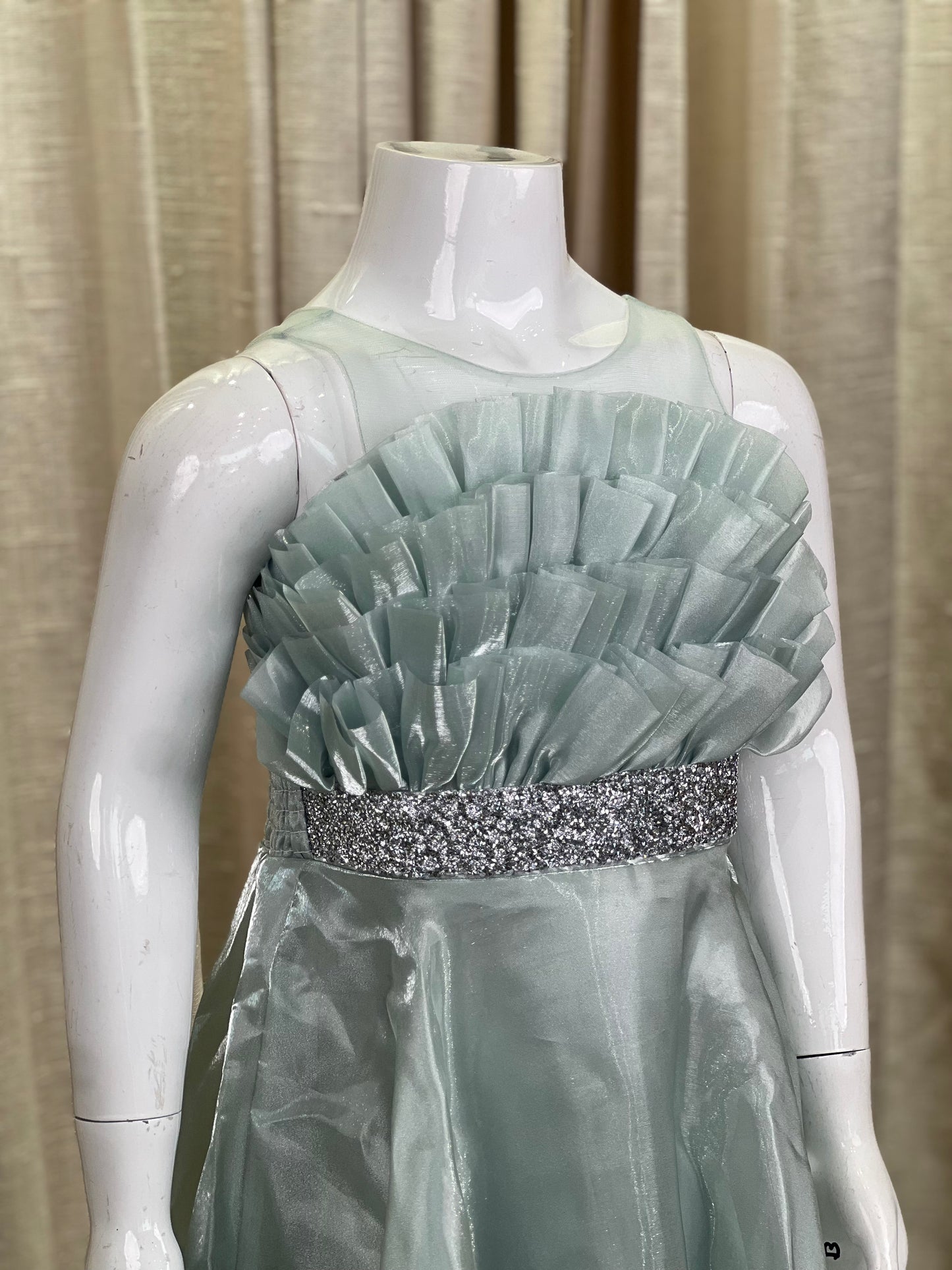 Light Mint Green Organza Gown with Pleated Bodice and Embellished Waist