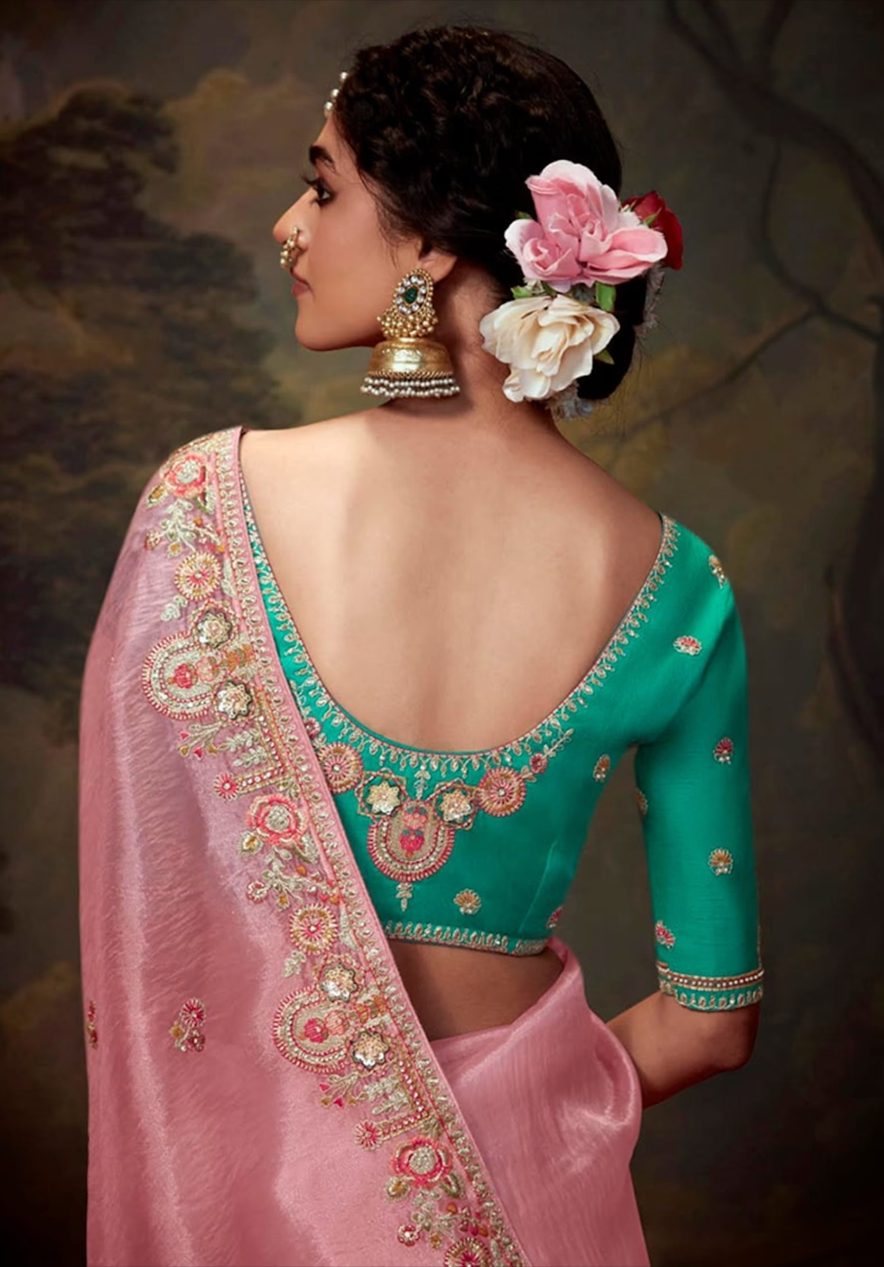 Light Pink Embroidered Organza Saree Set